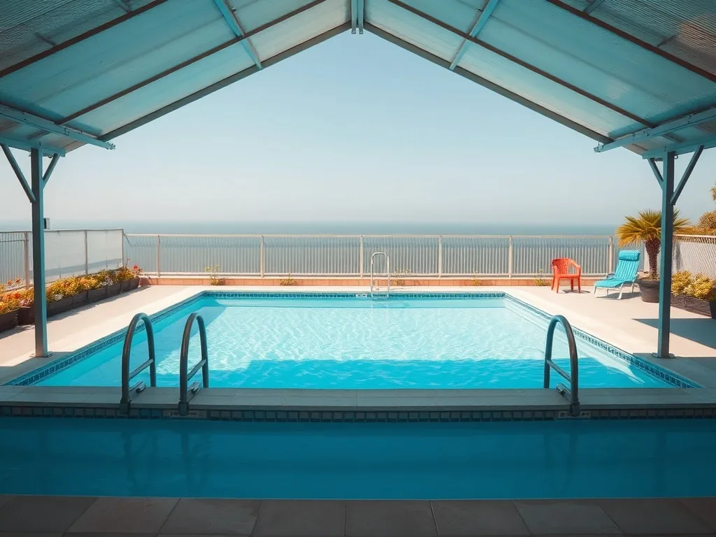 Abri de piscine haut en aluminium installé sur un bassin rectangulaire, structure ouverte à moitié pour laisser entrer le