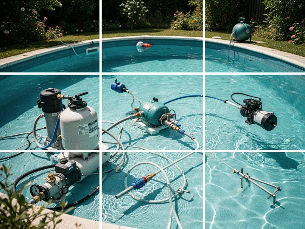 Équipement d'entretien de piscine disposé au bord d'un bassin, épuisette, testeur pH, brosse et produits de traitement