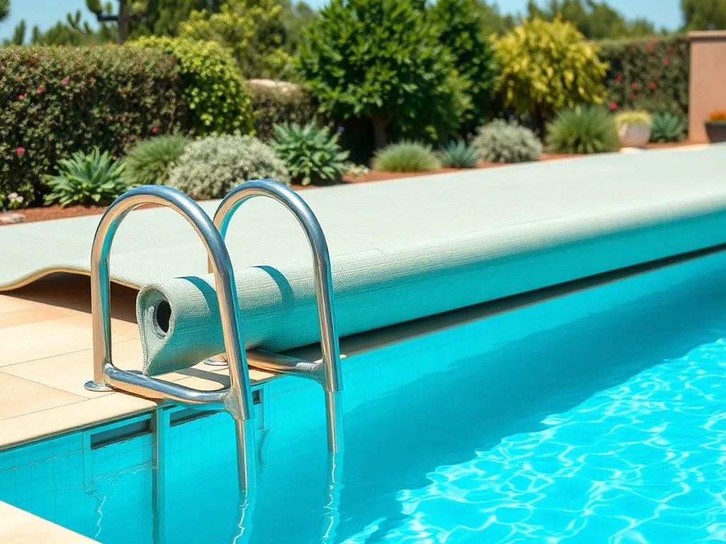 Couverture à barres pour piscine enterrée dépliée sur l'eau, fixée aux margelles par des pitons de sécurité, avec enrouleur