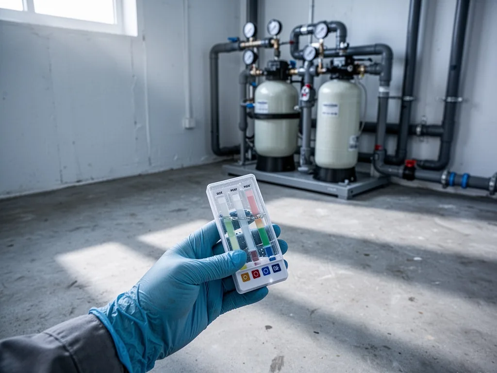A gloved hand holding a pool test kit with a clear water sample, placed on a concrete floor next to a filtration system