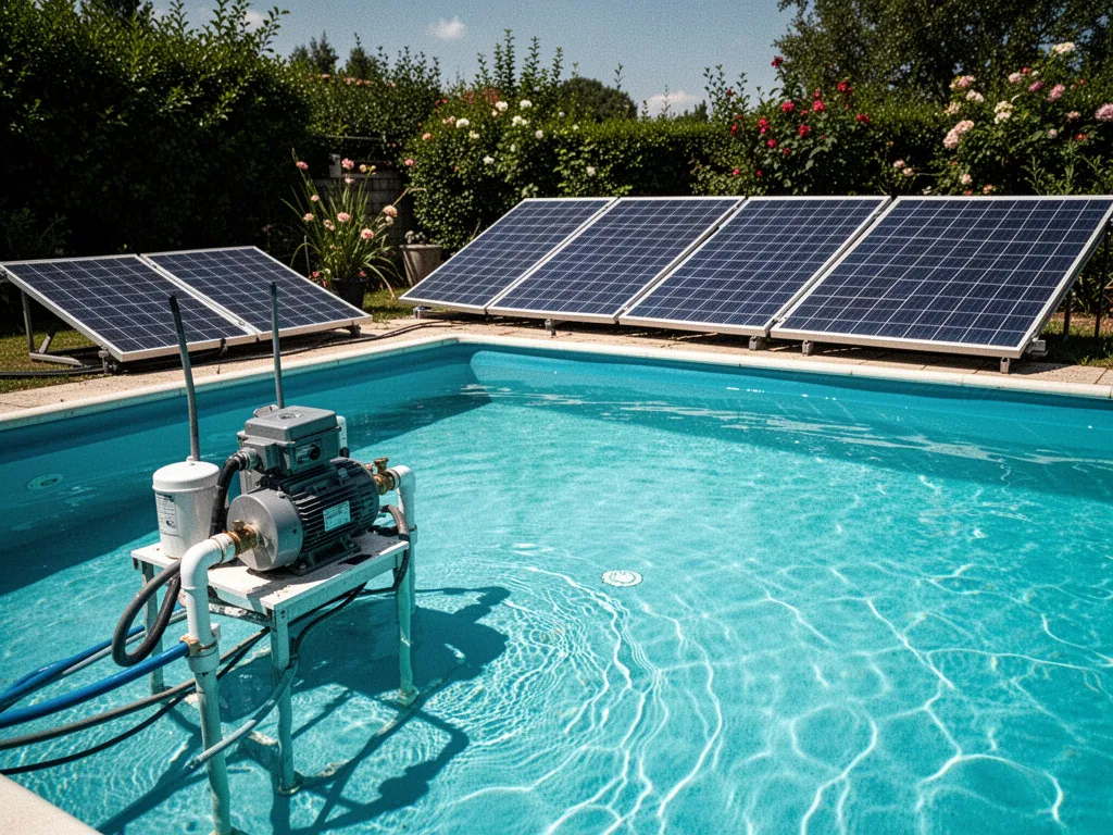 Rangée de panneaux solaires thermiques noirs installés au sol pour chauffer l'eau d'une piscine, avec tuyauterie visible et
