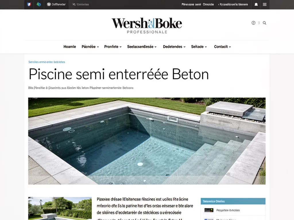 Vue d'une piscine semi enterrée en béton intégrée dans un jardin en pente, margelles en pierre
