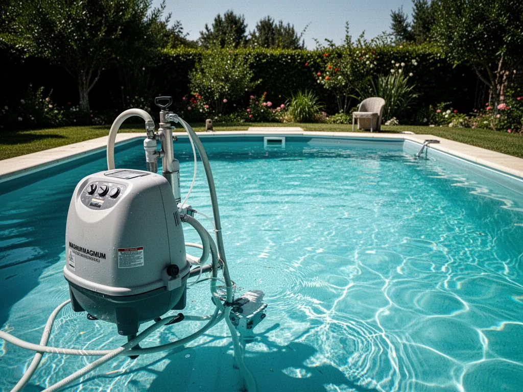 Accessoires d'entretien pour spa gonflable posés sur une terrasse : cartouche filtrante, testeur pH, pastilles de brome et