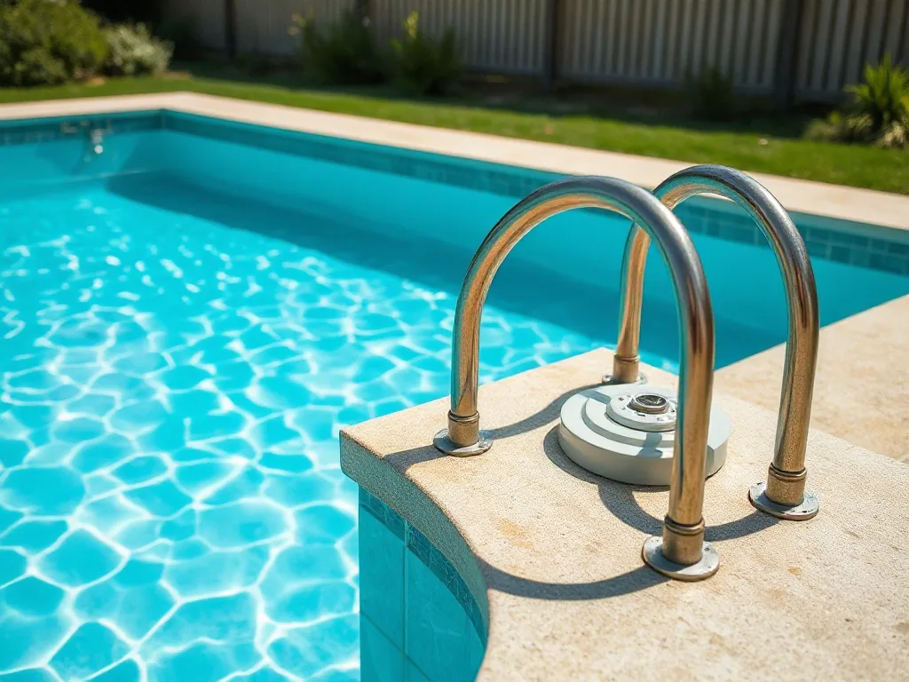 Plusieurs échantillons de revêtements pour piscine en béton disposés sur une margelle: carrelage gris, liner bleu, peinture
