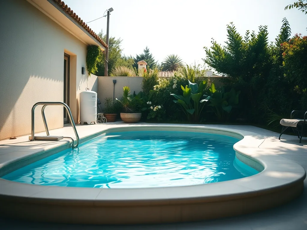 Vue rapprochée d’un petit bassin de jardin à l’eau limpide, entouré de végétation, avec un boîtier de filtration discret en